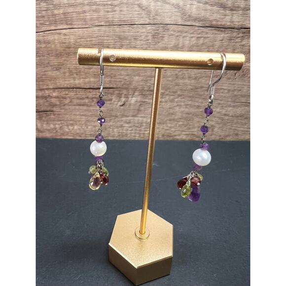 Multi gemstone cluster dangle earrings in sterling silver - Picture 2 of 10
